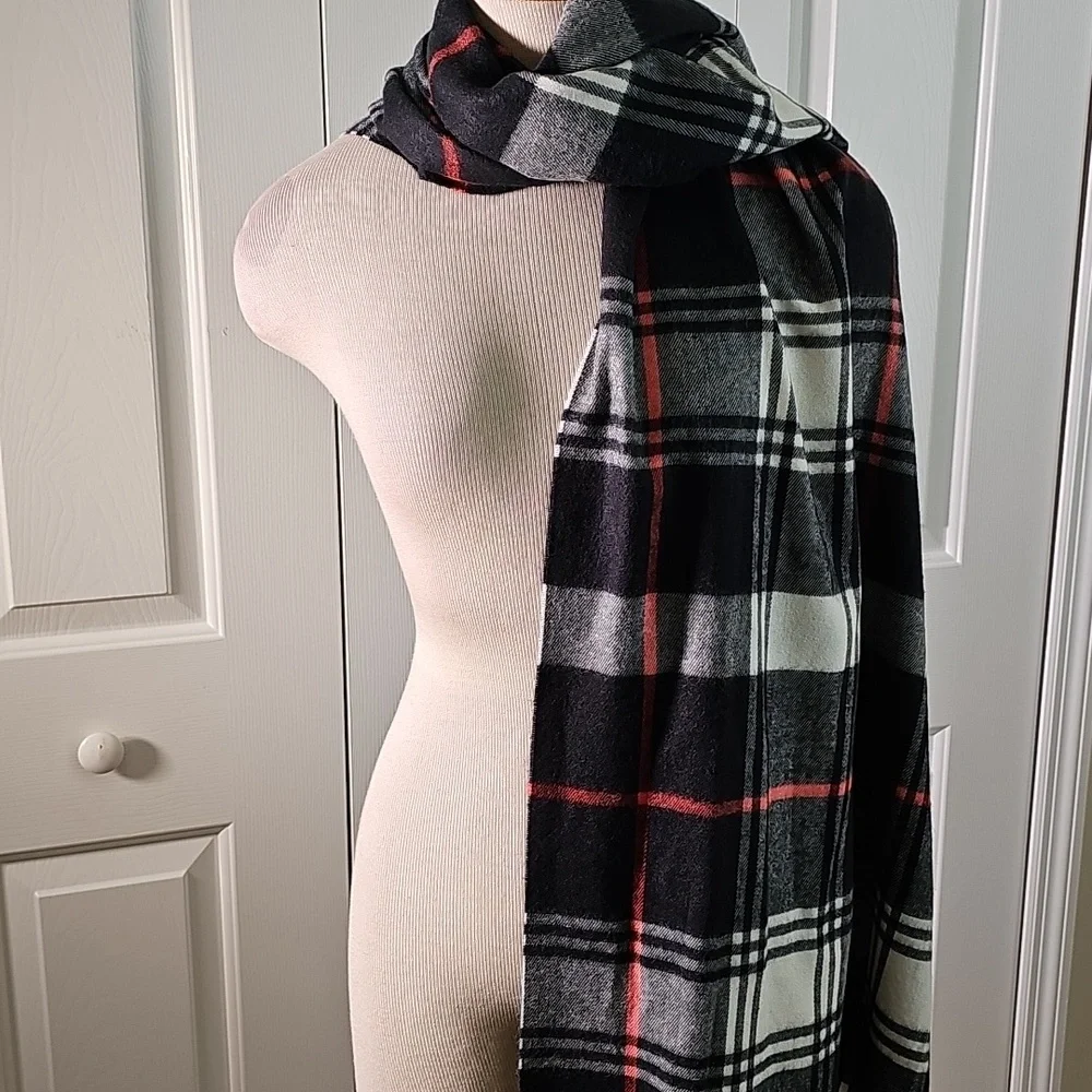 Plaid Black and White Scarf with Red‎ Accents. 25